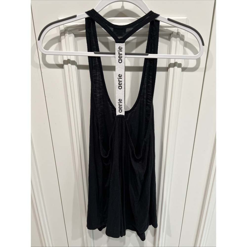 Aerie Black Y Back Relaxed Fit Tank Top Size XS Scoop Neck Yoga Athleisure Gym